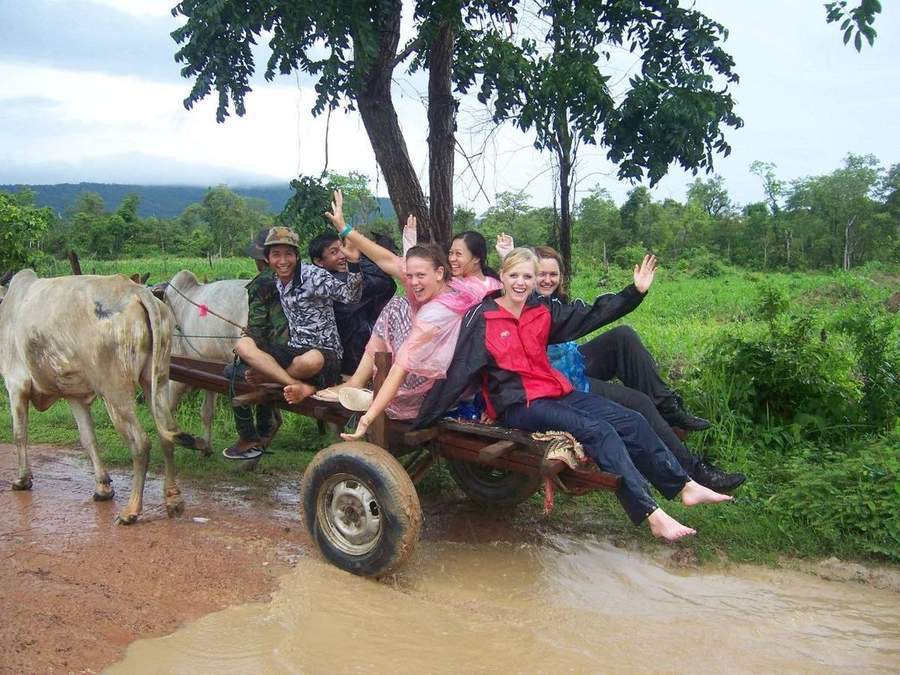 Group of volunteers riding ox cart through flooded road