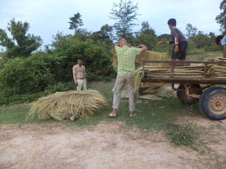 Farmers loading rice straw onto wooden cart
