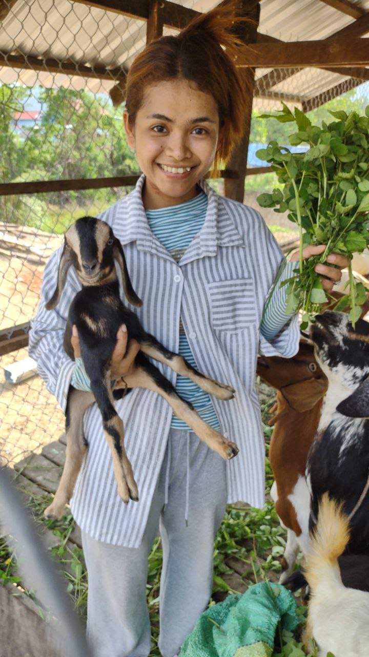 Girl holding baby goat and green feed in goat pen