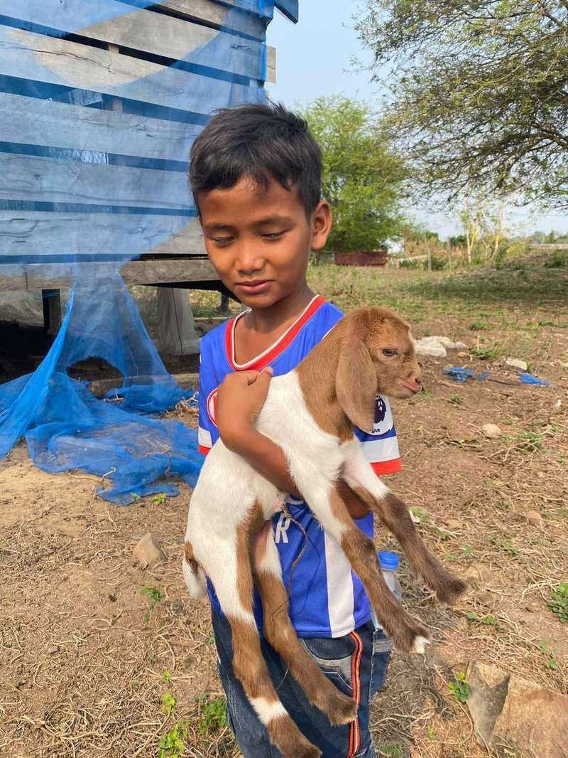 Young boy holding baby goat in village