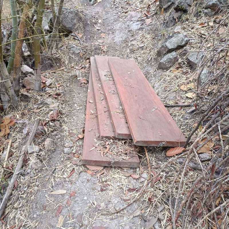 Stack of four seized wooden planks on forest path