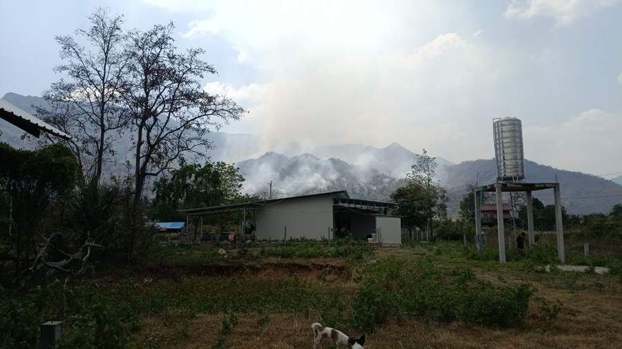 Smoke rising from forested mountains behind building with water tank