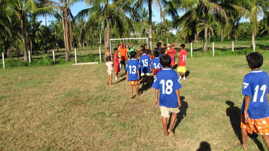 Children in blue jerseys playing soccer on grass field with palm trees