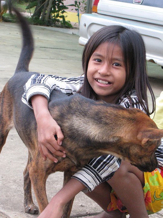 Young girl smiling hugging a brown dog