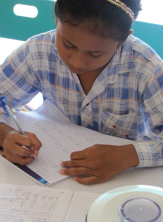 Girl in plaid shirt writing in notebook at desk
