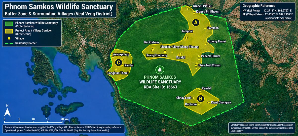 Phnom Samkos Wildlife Sanctuary buffer zones — project area map
